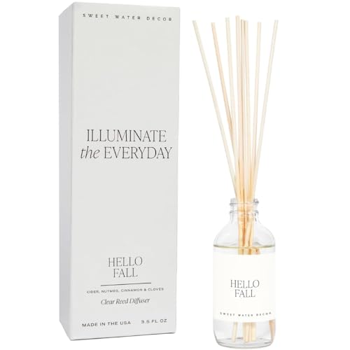 Sweet Water Decor Hello Fall Reed Diffuser Set - Hot Cider, Cinnamon, Cloves, Apple, and Nutmeg Fall Scented Diffuser - Scent Diffusers for Home, Fall Home Long Lasting Fragrance, Made in the USA - style: Hello Fall