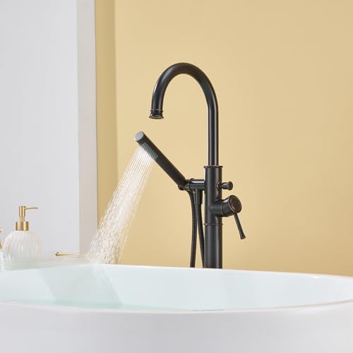 Wowkk Free Standing Tub Faucet Oil Rubbed Bronze Freestanding Bathtub Faucet Floor Mount Brass Bathroom Tub Filler with Hand Shower - color: Oil Rubbed Bronze, style: Modern
