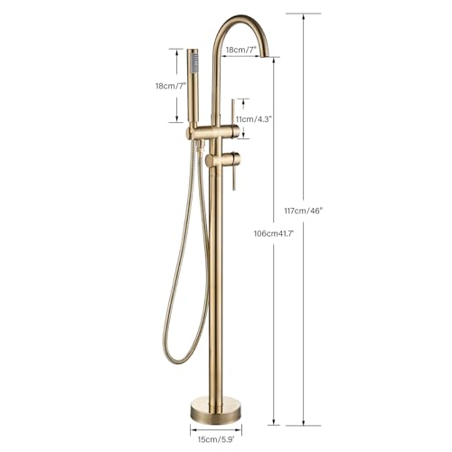 Freestanding Bathtub Faucet Floor Mount Tub Filler Brushed Gold High Flow Shower Faucets with Handheld Shower Mixer Taps Swivel Spout for Bathroom