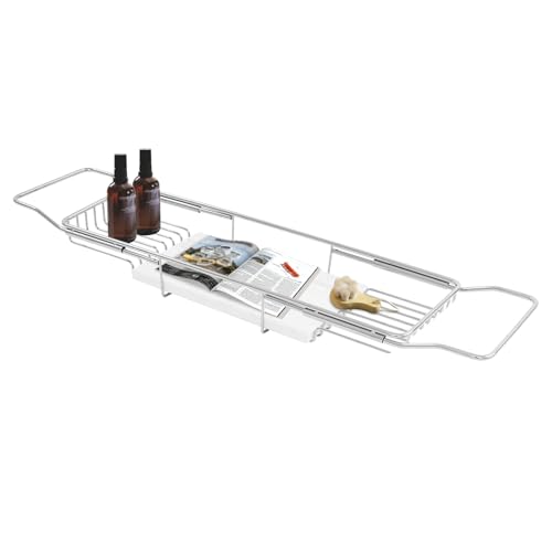 Stainless Steel Bathtub Tray with Removable Marble Board,Extendable Rectangular Bathtub Tray,Adjustable Bath Caddy Board for for Bath Bombs, Spa, Shower (Silver+White) - color: Silver+white