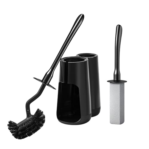 Toilet Brush & Pumice Stone Brush Combo, 2-in-1 Toilet Bowl Brush with Curved Deep Cleaning Brush and Extended Handle, Dual-Slot Holder Set, Compact Size Toilet Cleaner Brush Organizer (Dark Black) - color: Dark Black