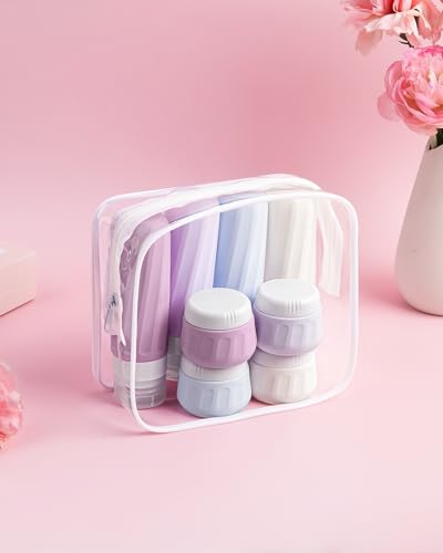 Mrsdry Travel Size Toiletries 8 Pack, TSA Approved 3oz/1oz Silicone Refillable Containers with Clear Travel Bag - color: Lavender, size: 3oz bottle 1oz jar