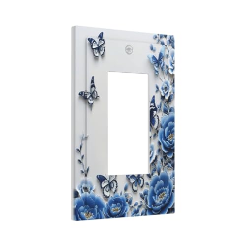 Light Switch Cover Plate Blue Peony Flowers Butterfly Vintage Floral 1 Gang Outlet Covers Single Rocker Decorative Switch plates Electrical Wall Plates GFCI Receptacle for Bathroom Bedroom Decor - color: Blue Peony Flowers Butterfly Vintage Floral, size: