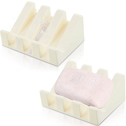 Cunhill 2 Pieces Silicone Soap Dish Self Draining Soap Dish Shower Waterfall Bar Soap Holder Tray with Drain Soap Saver for Kitchen Bathroom Accessories (Cream White) - color: Cream White