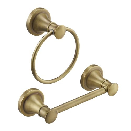 RUMOSE Toilet Paper Holder and Hand Towel Ring Antique Brass Wall Mount Bathroom Hardware Accessories 2 PCS Set Flexible Pivoting Toilet Tissue Roll Holder and Towel Hanger, Stainless Steel - color: Antique Brass