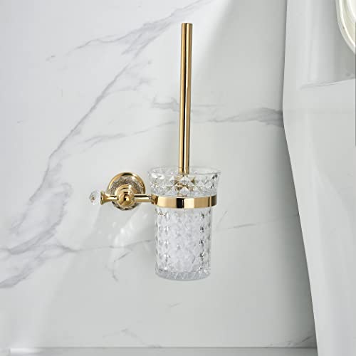 WOLIBEER Crystal Toilet Brush Holder, Polished Gold Brush Handle with Replaceable Brush Head, Stainless Steel Bathroom Cleaning Set Wall Mounted - color: Gold
