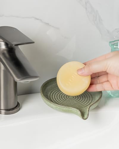 Soap Dishes, Ceramic Shower Soap Dish with Waterfall Design Bar Soap Holder Self Draining Soap Saver for Shower, Bathroom, Sink, Kitchen and Countertop, Green - color: Green, size: Round