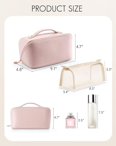 VLANDO Makeup Bag,Travel Toiletry Bag,Cosmetic Bag for Women PU Leather Portable Make up Bag for Skincare, Brushes & Travel Essentials-Pink - color: 04.Pink