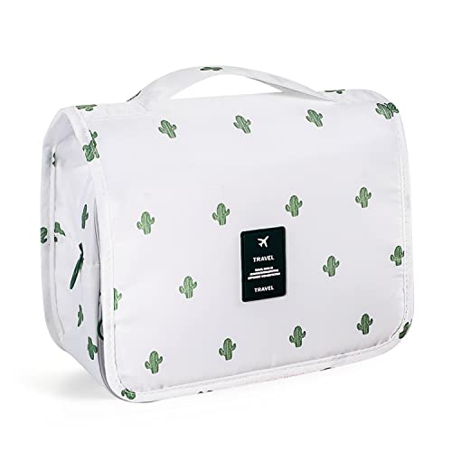 Pengxiaomei Hanging Toiletry Bag, Cactus White Waterproof Cosmetic Bag Portable Makeup Pouch Travel Wash Bag with Handle for School Party Bathroom Essentials - color: White Cactus