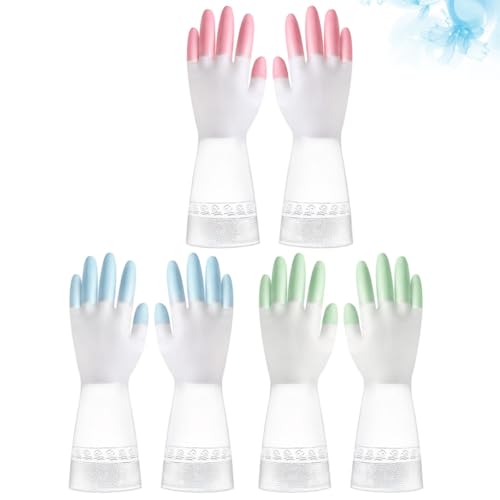 Yardwe Waterproof Anti-Slip Cleaning Gloves for Kitchen and Toilet, 3 Pairs Household Gloves Set in Pink Green Blue, Size S, Sturdy Home Cleaning Accessories