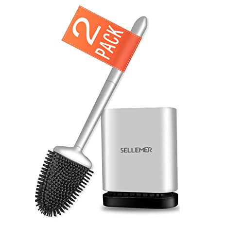 Sellemer Toilet Brush and Holder Set for Bathroom, Flexible Toilet Bowl Brush Head with Silicone Bristles, Compact Size for Storage and Organization, Ventilation Slots Base (2 Pack, Silver) - color: Silver-2pcs