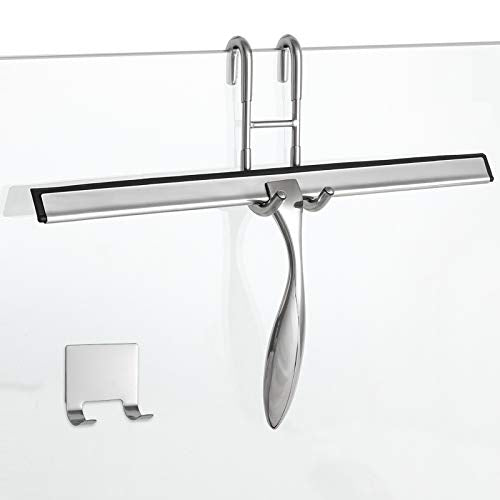 Simtive 14-Inch Shower Squeegee Set, Includes Shower Door Hook and Adhesive Hook, Squeegee for Shower Doors, Mirror and Window, Silver - color: Silver, size: 14-Inch