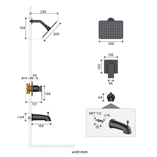 SunCleanse Tub Shower Faucet Set with Pressure Balance Valve, 8-Inch Rain Shower Head and Tub Spout, Single-Handle Shower Trim Kit, Shower Head and Handle Set for Bathroom, Matte Black - color: Matte Black