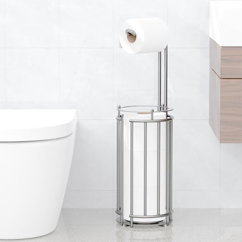 Meangood Toilet Paper Holder Stand and Tissue Paper Roll Dispenser for 4 Mega Rolls, Bathroom Free Standing Tissue Roll Storage Holder Rack, Detachable (Matte Silver) - color: Matte Silver