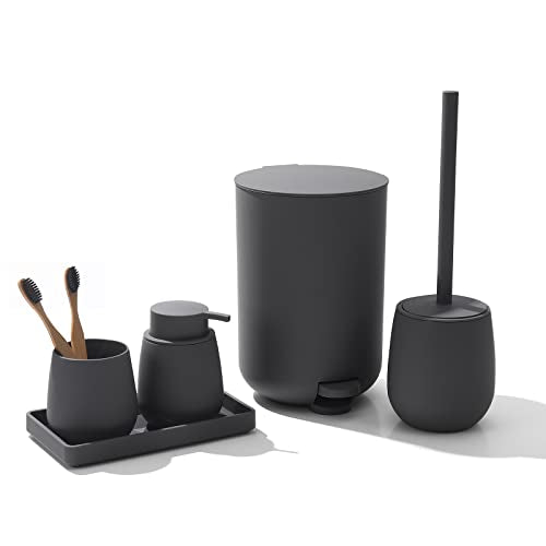 GAHEFY Grey Bathroom Accessories Set with Small Trash Can 3 Liter/0.8 Gallon,Toothbrush Holder,Soap Dispenser,Vanity Tray,Toilet Bowl Brush and Holder Grey 5PCS - style: grey 5 pcs