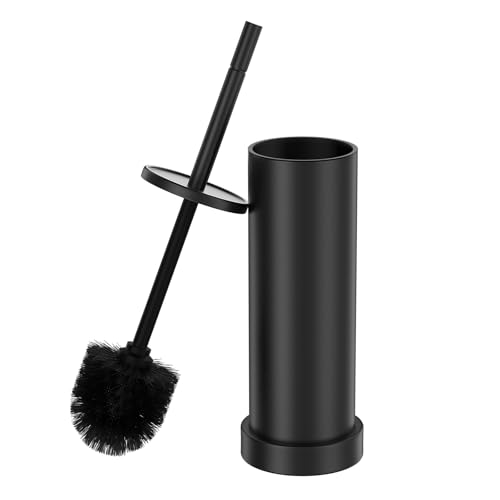 Black Toilet Brush and Holder Set，Stainless Steel Heavy Duty Toilet Bowl Brush，Extra Long Handled Modern Toilet Cleaner Brush with Replaceable Head, Removable Inner Bowl