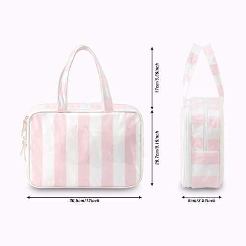 Travel Toiletry Bag for Women, Waterproof Clear Coated Portable Stripe Makeup Cosmetic Bag with Compartment, Travel Organizer for Shampoo, Conditioner, Brushes Set,Cosmetic Accessories(White-Pink) - color: Pink-White