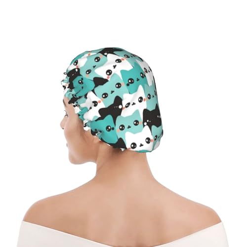 Cat Pattern Shower Cap For Women Reusable Waterproof Double Layers Bath Cap Hair Protection Elastic Ladies Spa Salon Shower Hat - color: Cat Pattern