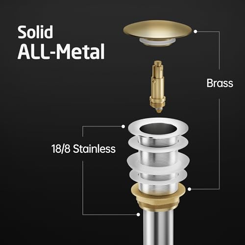 KES Sink Drain Without Overflow Bathroom Pop Up Drain Assembly Stopper Vessel Sink Brushed Gold for 1.6"-1.9" Sink Hole, All Metal Rustproof Brass and 304 Stainless Steel, S2008D-BZ - color: Brushed Gold, style: NO Overflow, 1 Pack