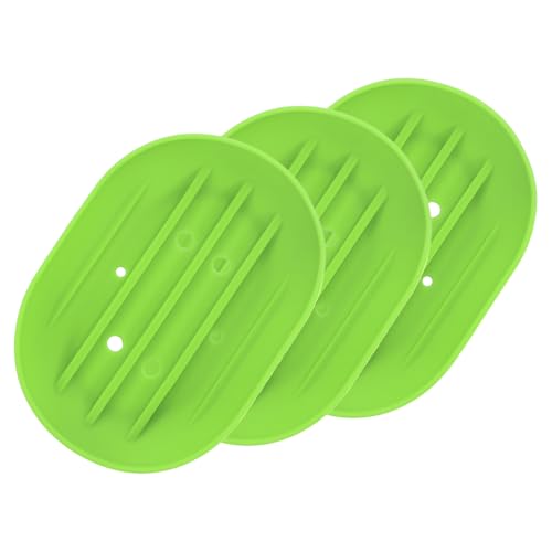 uxcell 3Pcs Small Soap Dish, Silicone Bathroom Soap Holder Oval Shape Bar Soap Dish Self-Draining Soap Tray with Holes for Shower, Bathroom, Kitchen, Counter Top (Green) - color: Green