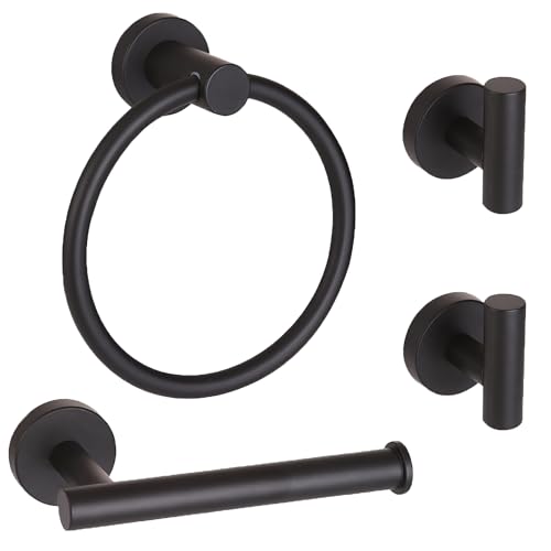 4 Piece Matte Black Stainless Steel Bathroom Hardware Set Include Hand Towel Ring, Toilet Paper Holder,and 2 Robe Towel Hooks,Bathroom Accessories Kit - color: Matte Black