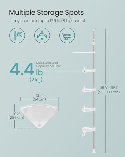 SONGMICS Corner Shower Caddy Tension Pole, 4-Tier Rust-Resistant Shower Organizer, Shower Shelf, Drill-Free, 35.8 to 118.1 Inches, Height Adjustable Trays, for Bathroom, Cloud White UBCB008W01 - color: Cloud White
