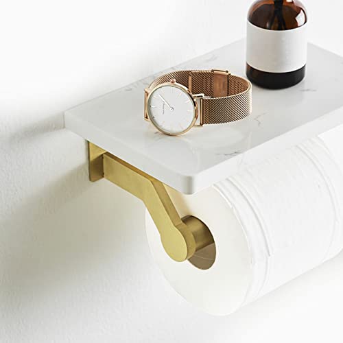 Hoimpro Brushed Gold Aluminum Toilet Paper Holder with White Natural Marble Shelf, Wall Mounted Tissue Hand Paper Roll Storage Holder for Bathroom Kitchen Washroom Bedroom - color: Gold
