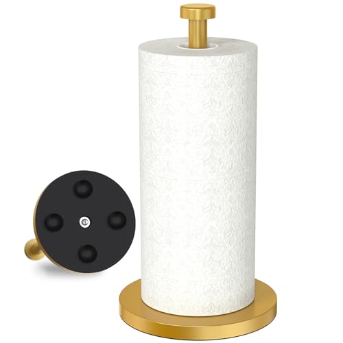VEHHE Gold Paper Towel Holder Stand, Paper Towel Holder with Weighted Base and Suction Cups for Kitchen Bathrooms - color: Suction Base | Gold