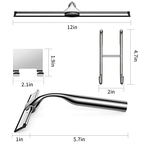 Shower Squeegee for Glass Door Stainless Steel Bathroom Squeegee Window Wiper, Includes Shower Door Hook, Adhesive Hook, and Spare Silicone Blade for Window Mirror Car 12-Inch - color: Silver, size: 12-inch