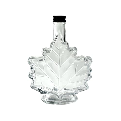 North Mountain Supply Maple Leaf Glass Syrup Bottle – 17 fl oz (500 ml) – Black Metal Lid – Case of 12 – Ideal for Maple Syrup, Honey, or Homemade Gifts