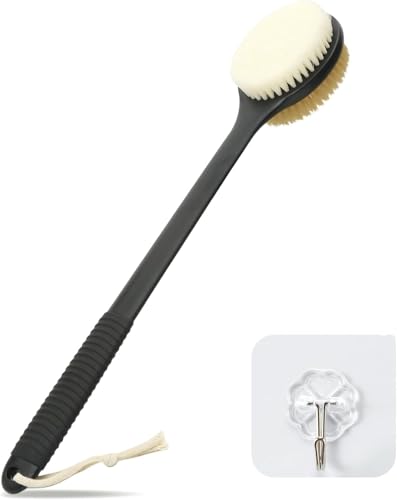 Back Scrubber for Shower, Anti-Slip Long Handle Shower Brush with Soft & Stiff Bristles, Body Exfoliator for Shower, Bath, or Dry Use (Black) - size: 17 in - Black