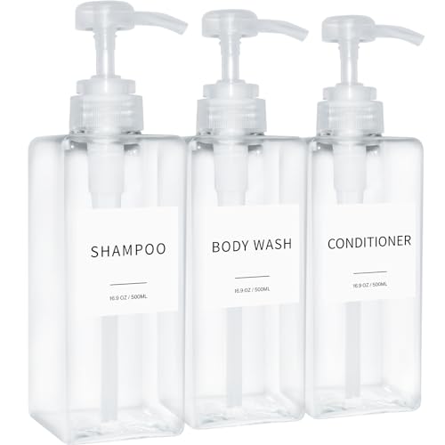 Shampoo and Conditioner Dispenser, Refillable Plastic Shampoo Pump Bottles with Waterproof Labels, Empty Body Wash Dispenser Set for Bathroom, Shower Soap Bottles (Clear, Set of 3, 16.9oz) - color: Clear