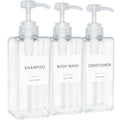 Shampoo and Conditioner Dispenser, Refillable Plastic Shampoo Pump Bottles with Waterproof Labels, Empty Body Wash Dispenser Set for Bathroom, Shower Soap Bottles (Clear, Set of 3, 16.9oz) - color: Clear