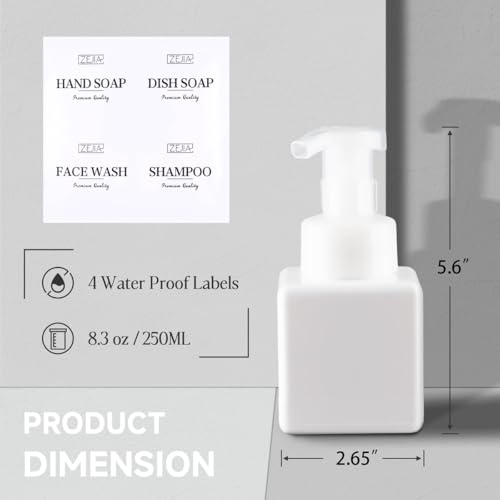 250ML Foaming Soap Dispenser, 2-Pack Plastic Hand Soap Dispenser, Refillable Leakproof Foam Pump Bottle with Waterproof Labels, for Shampoo, Body Wash - color: White, size: 250ML