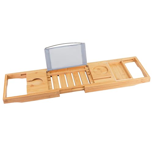 Utoplike Bamboo Bathtub Caddy Tray Bath Tray for Tub, Adjustable Bathroom Bathtub Organizer with Book Tablet Wine Glass Cup Towel Holder - color: Natural