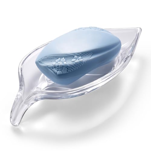 Self Draining Leaf Clear Glass Soap Dish,Bar Soap Holder | Decorative Leaf shape Soap Dish for Shower,Soap Tray,Soap Holder for Bathroom Sink,Vanity&Kitchen,Modern Bathroom Accessory.