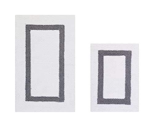 Better Trends 100% Cotton Hotel Collection Bath Mats Set, White & Gray Mats - Tufted, Reversible & Absorbent & Machine Washable 2 Piece Bathroom Rug Set, Shower & Sink Bath Mat, Rugs for Bathroom - color: White & Gray, size: 2 Piece Set (17" x 24" | 21" x