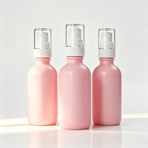 12Pack 60ml Pink Glass Pump Bottle with White Top,2oz Small Dispenser, Travel Size Refillable Botttles for Lotions,Sercums,Essential Oils (2oz Pink) - color: 2oz Pink