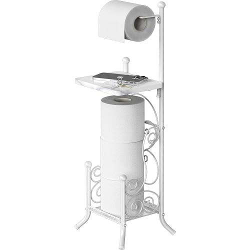 Simple Houseware English Style Bathroom Toilet Tissue Roll Holder Stand with Shelf, Marbled White - color: White, size: Wood Shelf - 29.2''H