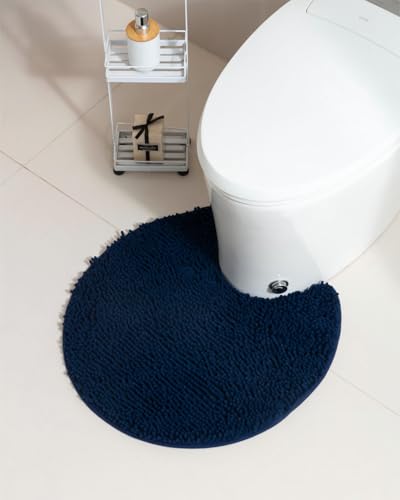 Soft Shaggy Round Toilet Rug U Shaped for Bathroom, Excellent Absorbent Contour Toilet Mat Machine Washable, Non-Slip Microfiber Chenille Bathroom Rugs 24" Navy Blue - color: Navy Blue