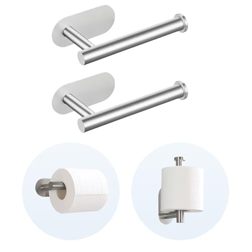 2 Packs Toilet Paper Holder No-Drill Self-Adhesive Towel Rack Stainless Steel Waterproof Rustproof Roll Paper Holder for Bathroom Washroom RVs (Brushed Silver) - color: Silver
