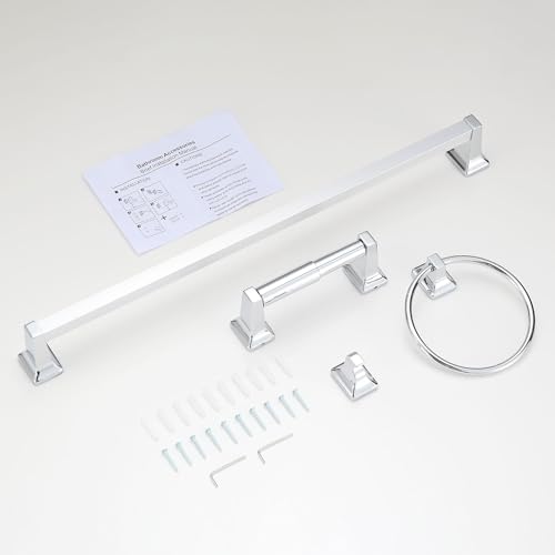 4 Pieces Bathroom Hardware Accessories Set, Stainless Steel 24 inch Towel Bar, Towel Rack, Robe Hook, Toilet Paper Holder for Bathroom Wall Mounted (Chrome) - color: Chrome
