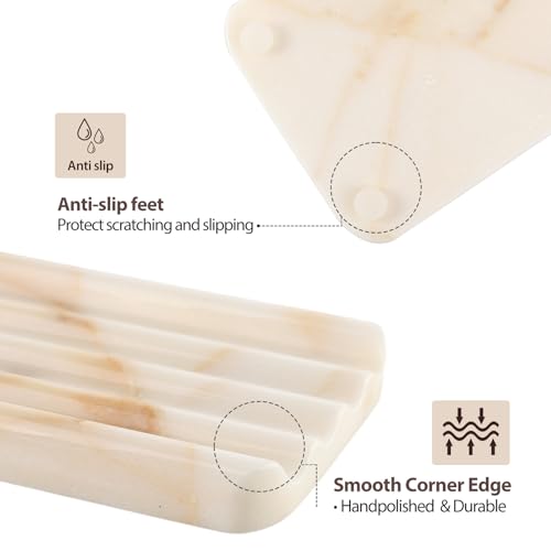 Koville 2PCS Natural Marble Soap Dishes for Shower, Golden Calacatta Marble Soap Dish, Stone Soap Tray for Bathroom, Bar Soap Holder for Sink, Stripe Grooves Saver Keep Bars Dry Easy Clean - color: Golden Calacatta