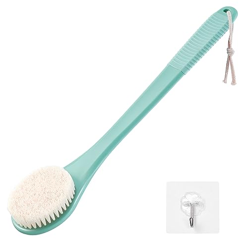 Back Scrubber for Shower, Shower Body Brush for Cleaning with Long Handle for Showering, 17 Inch Back Washer Exfoliator for Shower Men Women with Non-Slip Handle, Adhesive Hook (Celadon Green) - size: Celadon Green - Artificial Bristles