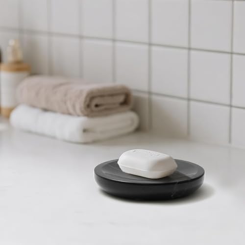 Marble Soap Dish Italy Natural Stone Sponge Holder for Bathroom Tub Shower Kitchen Sink, Handcraft Round Soap Case Organizer Trinket Plate Jewelry Tray Coaster for Home Decor Black (DL007) - color: Black