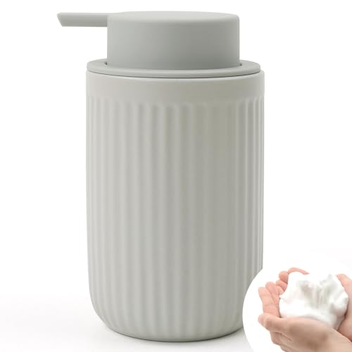 BosilunLife Foam Hand Soap Dispenser - Ceramic Foaming Soap Dispenser for Bathroom 12oz Refillable Liquid Lotion Soap Dispenser with Rust-Proof Foaming Pump for Countertop - color: Light Grey Foam Pump