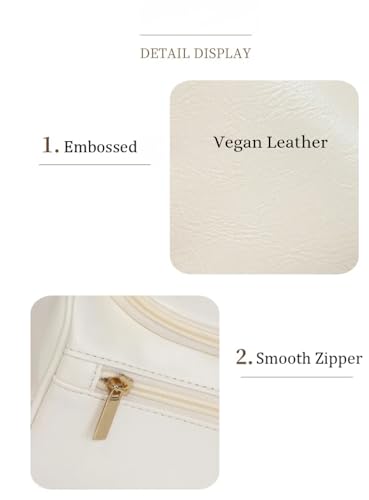 Travel Toiletry Bag – Soft Vegan Leather, Waterproof Hanging Design with Hook, – Cream White with Gold Accents, Full Size