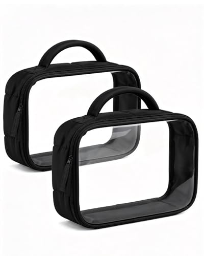 Moyad TSA Approved Toiletry Bag Clear Quart Size Travel Bags Makeup Bag | Large Opening, for Men and Women, Carry on Airline Compliant, Transparent Liquids Pouch, Puffer Black - color: Puffer Black, size: 2 Pack, Handle