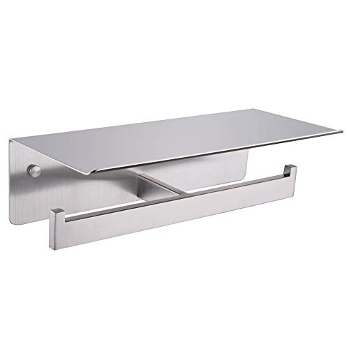 APLusee Double Toilet Paper Holder with Shelf, 304 Stainless Steel Brushed Nickel Bathroom Tissue Holder, Commercial Paper Roll Dispenser Wall Mounted - color: Brushed Nickel, size: Double Rod