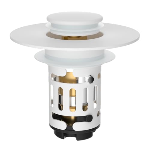 Hibbent Upgraded 3 in 1 Bathroom Sink Drain Strainer, Universal Pop Up Stopper with Removable Stainless Steel Filter Basket Hair Catcher, Sink Plug for 1.1''~2.36'' Basin, Brass Bullet Core, White - color: White